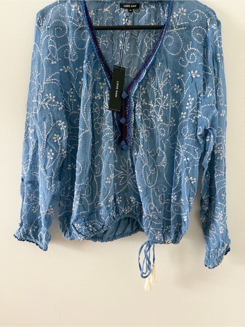 Love Sam Blue Embroidered Peasant Top with Tassel Tie